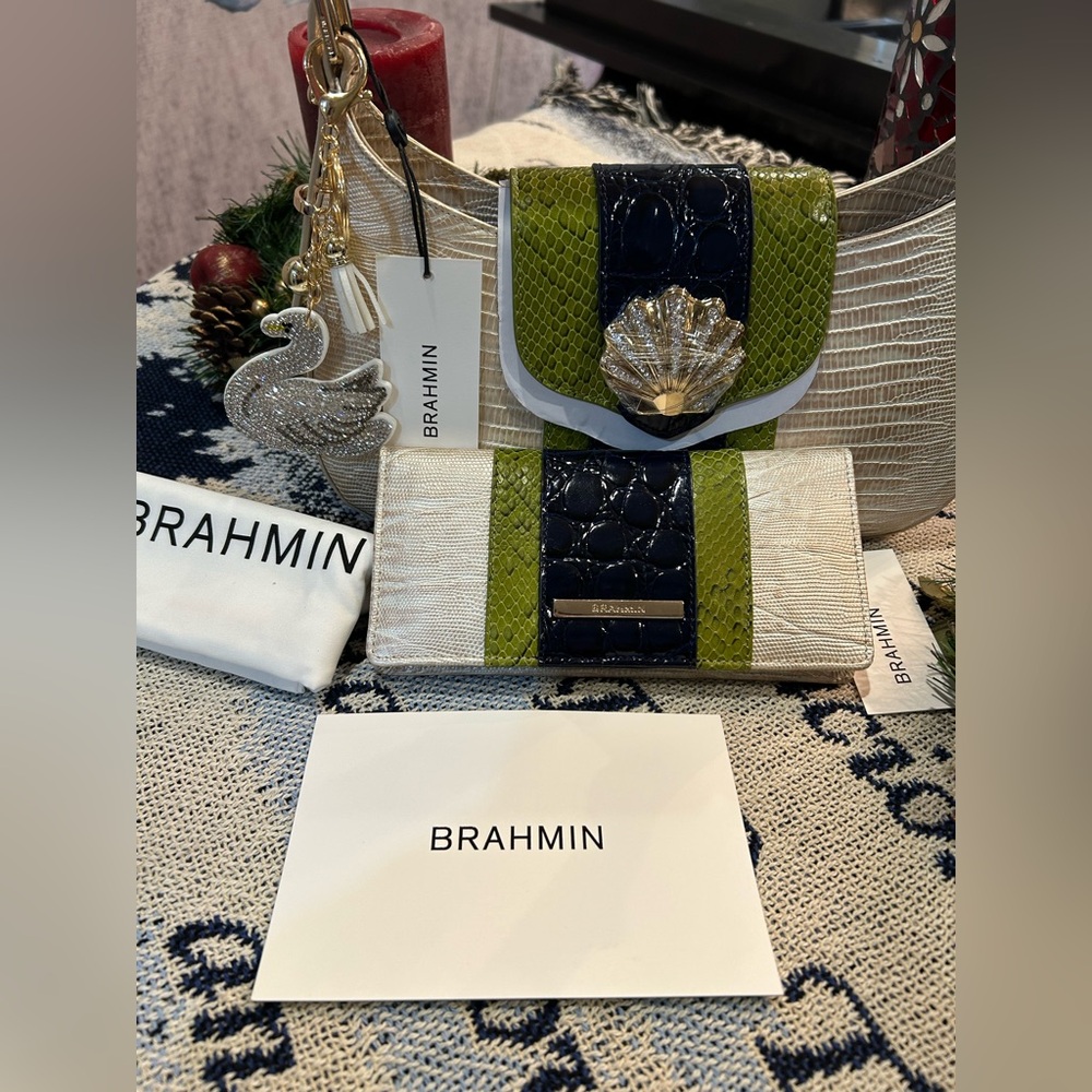 🦢NWT 2-PIECE Brahmin Kyrie Multi Antiguo Green and Navy Leather Purse Wallet Set